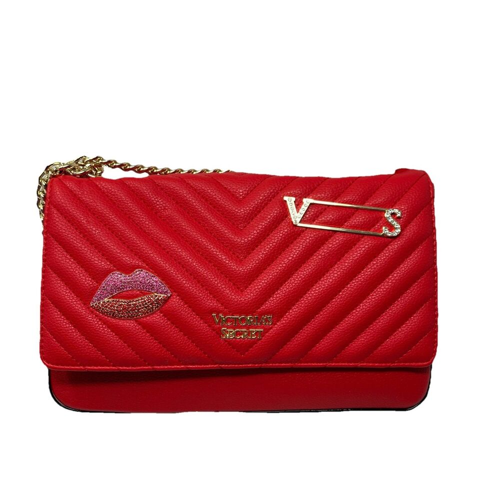 Victoria Secret Red Quilted Gold Chain Rhinestone Bond Street Crossbody Bag